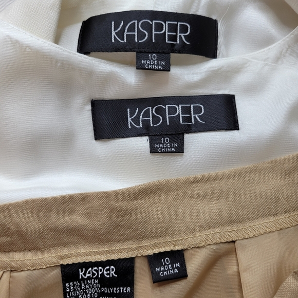 Kasper 3 Piece Pant Suit Size 10 White Khaki Embrodered Blazer Linen Blend New - Picture 12 of 14